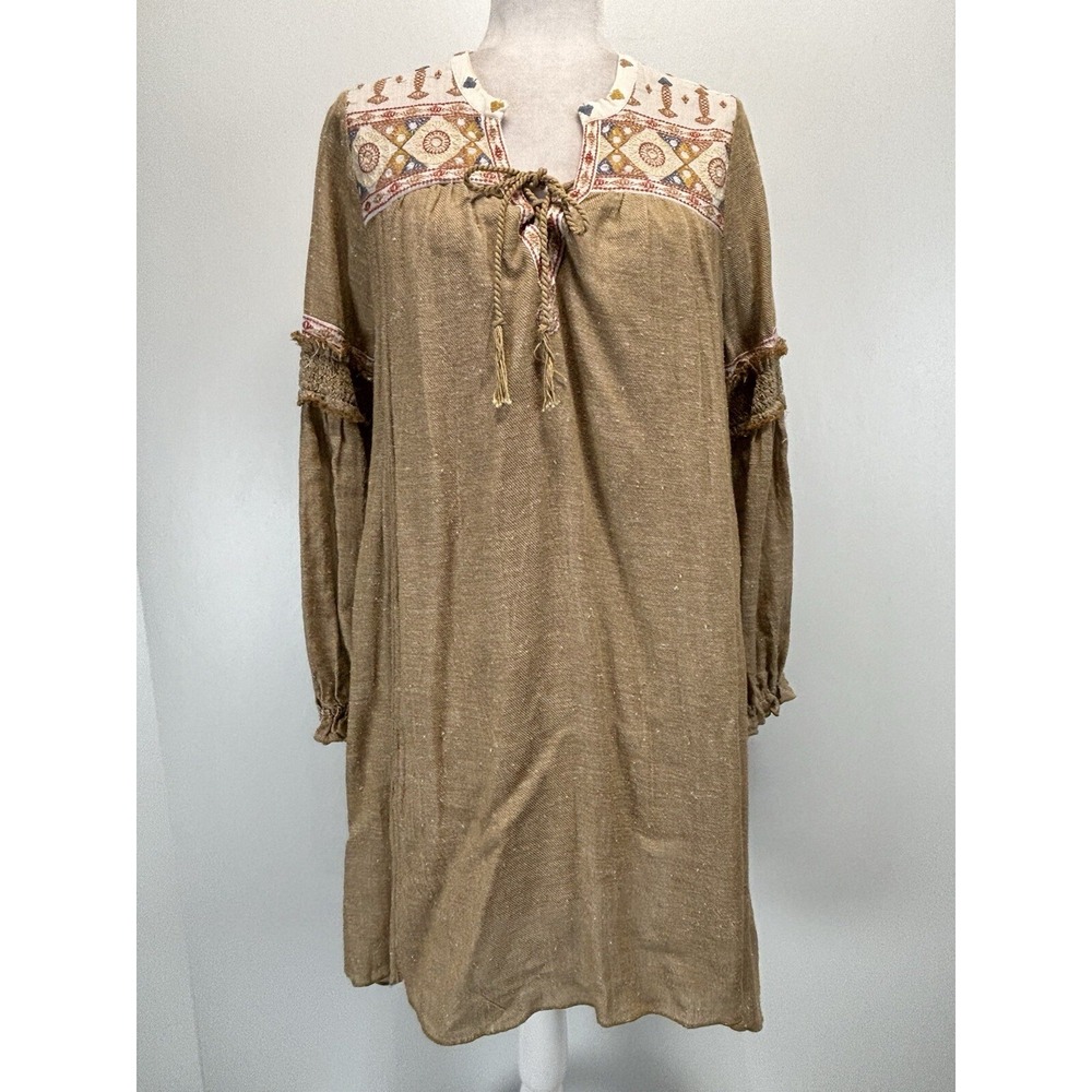 Free People Sahara San Shift Dress Sz Medium Boho Embroidered Long Sleeve Tan